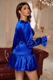 Col V Robe courte bleu royal cocktail à manches longues