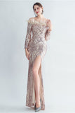 Robe de Soirée dorée à paillettes scintillantes avec plumes