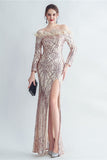Robe de Soirée dorée à paillettes scintillantes avec plumes