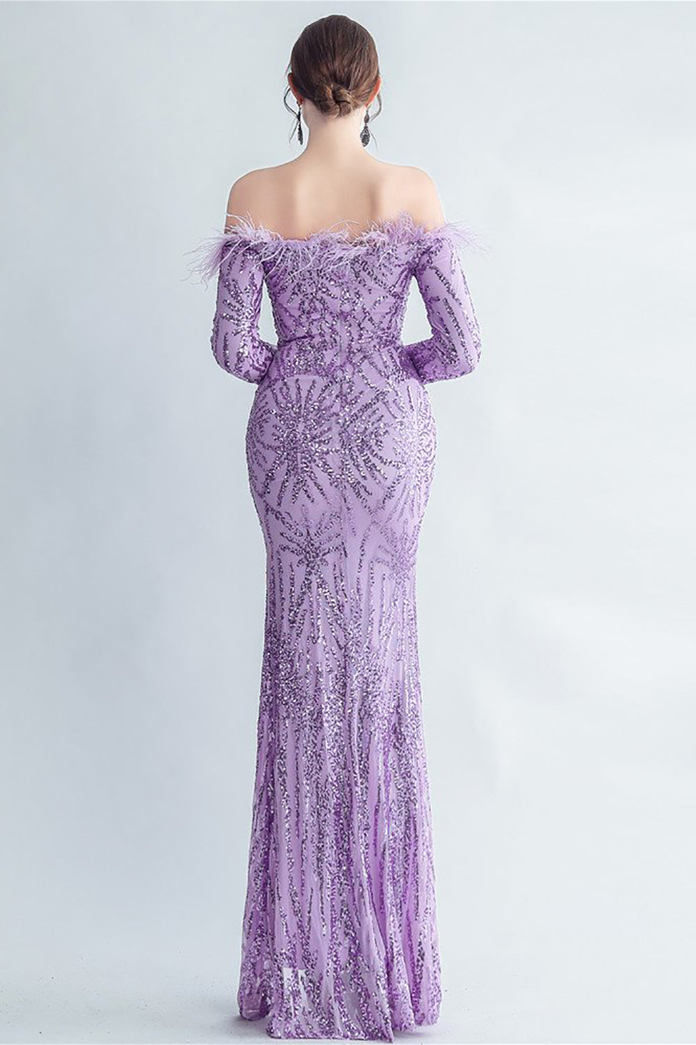 Robe de Soirée dorée à paillettes scintillantes avec plumes