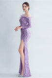 Robe de Soirée dorée à paillettes scintillantes avec plumes