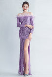 Robe de Soirée dorée à paillettes scintillantes avec plumes