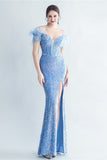 Cold Shoulder Sequins Blue Corset Robe de bal avec plumes