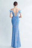 Cold Shoulder Sequins Blue Corset Robe de bal avec plumes