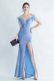 Cold Shoulder Sequins Blue Corset Robe de bal avec plumes