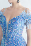 Cold Shoulder Sequins Blue Corset Robe de bal avec plumes