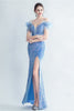 Charger l&#39;image dans la galerie, Cold Shoulder Sequins Blue Corset Robe de bal avec plumes