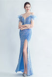 Cold Shoulder Sequins Blue Corset Robe de bal avec plumes