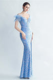 Cold Shoulder Sequins Blue Corset Robe de bal avec plumes