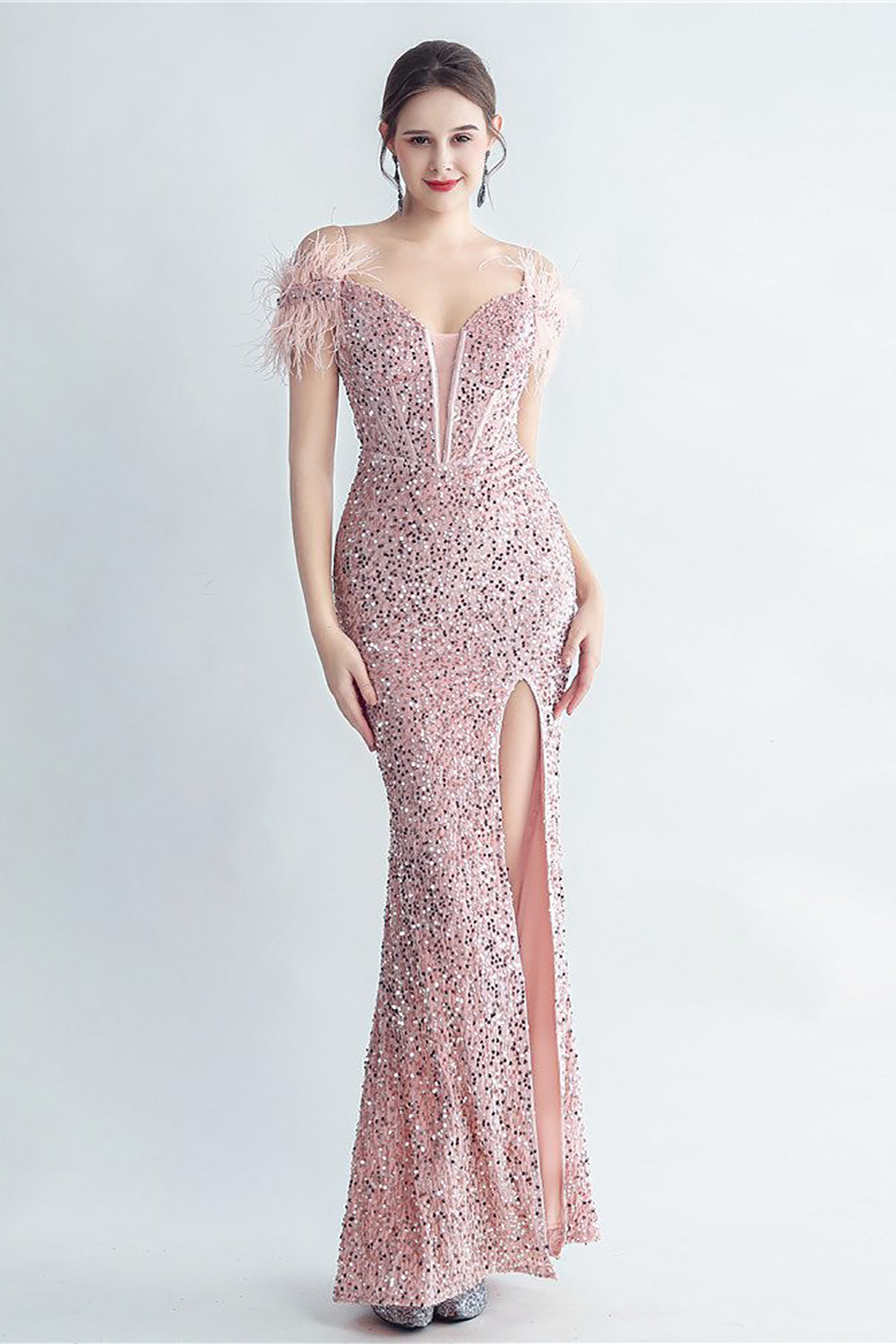 Cold Shoulder Sequins Blue Corset Robe de bal avec plumes