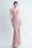 Cold Shoulder Sequins Blue Corset Robe de bal avec plumes