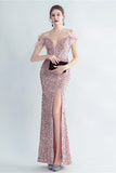 Cold Shoulder Sequins Blue Corset Robe de bal avec plumes