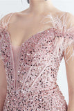 Cold Shoulder Sequins Blue Corset Robe de bal avec plumes