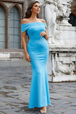 Satin Sirène Epaule Dénudée Bleu Robe de Soirée