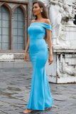 Satin Sirène Epaule Dénudée Bleu Robe de Soirée