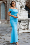 Satin Sirène Epaule Dénudée Bleu Robe de Soirée