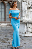 Satin Sirène Epaule Dénudée Bleu Robe de Soirée