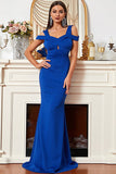 Épaule Dénudée Sirène en Satin Bleu Royal Robe de Soirée