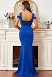 Épaule Dénudée Sirène en Satin Bleu Royal Robe de Soirée