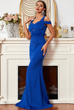 Épaule Dénudée Sirène en Satin Bleu Royal Robe de Soirée