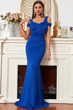 Épaule Dénudée Sirène en Satin Bleu Royal Robe de Soirée