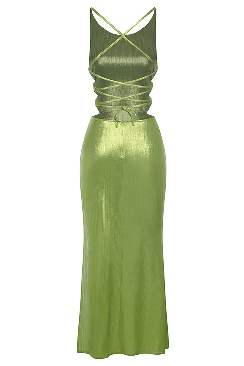 Charger l&#39;image dans la galerie, Robe de cocktail à lacets vert sans manches avec fente