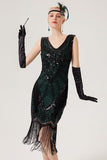 Robe à clapettes noire scintillante avec des franges