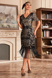 Black Champange V Col Frange 1920s Robe Gatsby avec paillettes