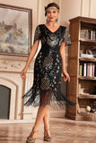 Col V foncé frange Gatsby des années 20 Robe avec paillettes