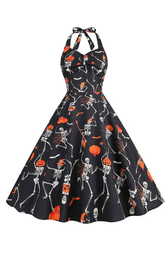 Halloween Black Halter Pumpkin Robe imprimée des années 50
