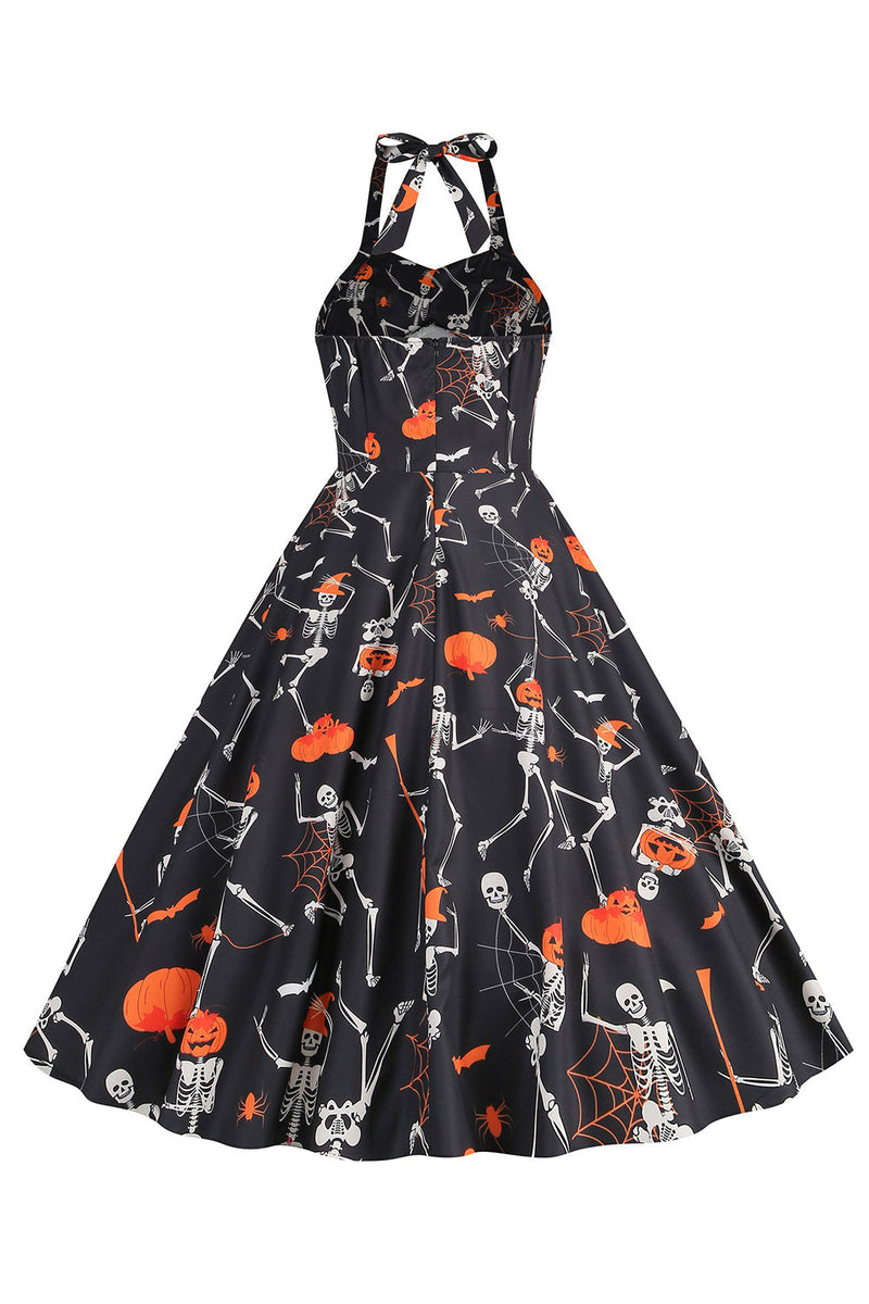 Charger l&#39;image dans la galerie, Halloween Black Halter Pumpkin Robe imprimée des années 50