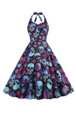 Halloween Black Halter Pumpkin Robe imprimée des années 50