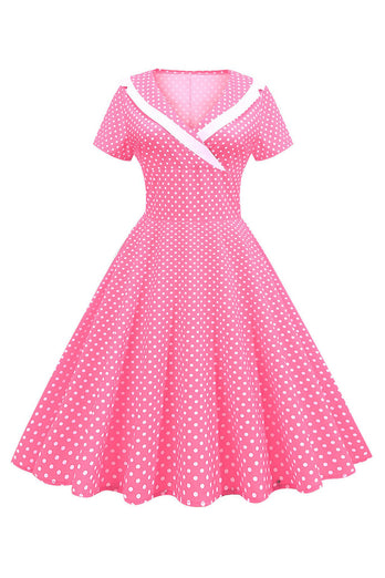 Rose Polka Dots V-Neck Manches Courtes Robe des années 50