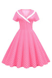 Rose Polka Dots V-Neck Manches Courtes Robe des années 50