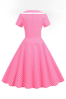 Rose Polka Dots V-Neck Manches Courtes Robe des années 50