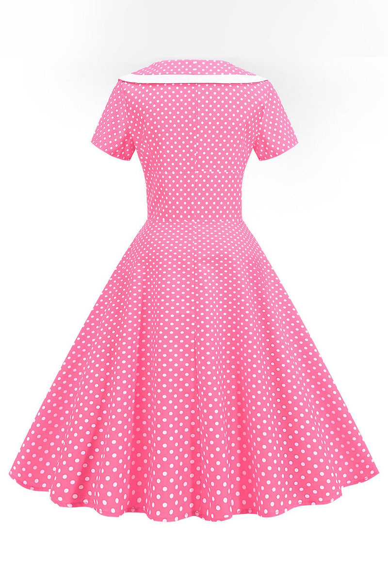 Charger l&#39;image dans la galerie, Rose Polka Dots V-Neck Manches Courtes Robe des années 50