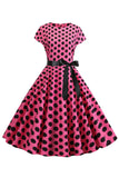 Rose Noir Polka Dots Cap Manches 1950s Robe