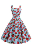 Strawbarries Imprimé Robe bleue sans manches des années 50