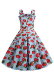 Strawbarries Imprimé Robe bleue sans manches des années 50