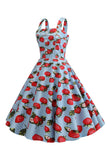 Strawbarries Imprimé Robe bleue sans manches des années 50