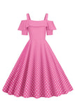 Robe à pois d’épaule froide rose des années 50