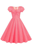 Rose Rouge Polka Dots Puff Sleeves 1950s Robe