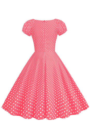 Rose Rouge Polka Dots Puff Sleeves 1950s Robe