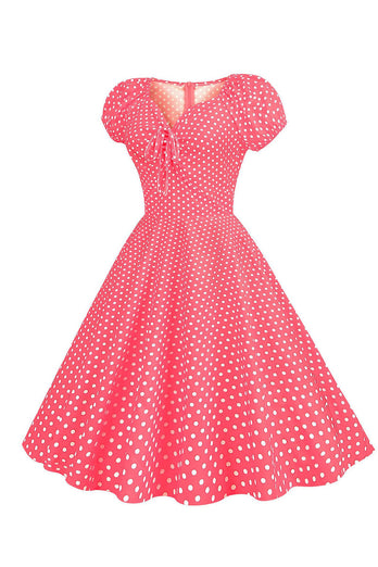 Rose Rouge Polka Dots Puff Sleeves 1950s Robe