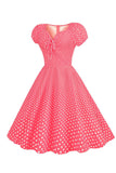 Rose Rouge Polka Dots Puff Sleeves 1950s Robe