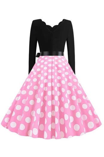 Polka Dots Rose Manches Longues Robe des années 50