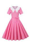 Pink Polka Dot Manches Courtes Peter Pan Robe Vintage