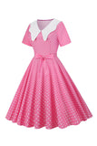 Pink Polka Dot Manches Courtes Peter Pan Robe Vintage