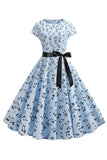 Manches Cap Imprimé Bleu Clair Robe des années 50