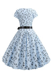 Manches Cap Imprimé Bleu Clair Robe des années 50